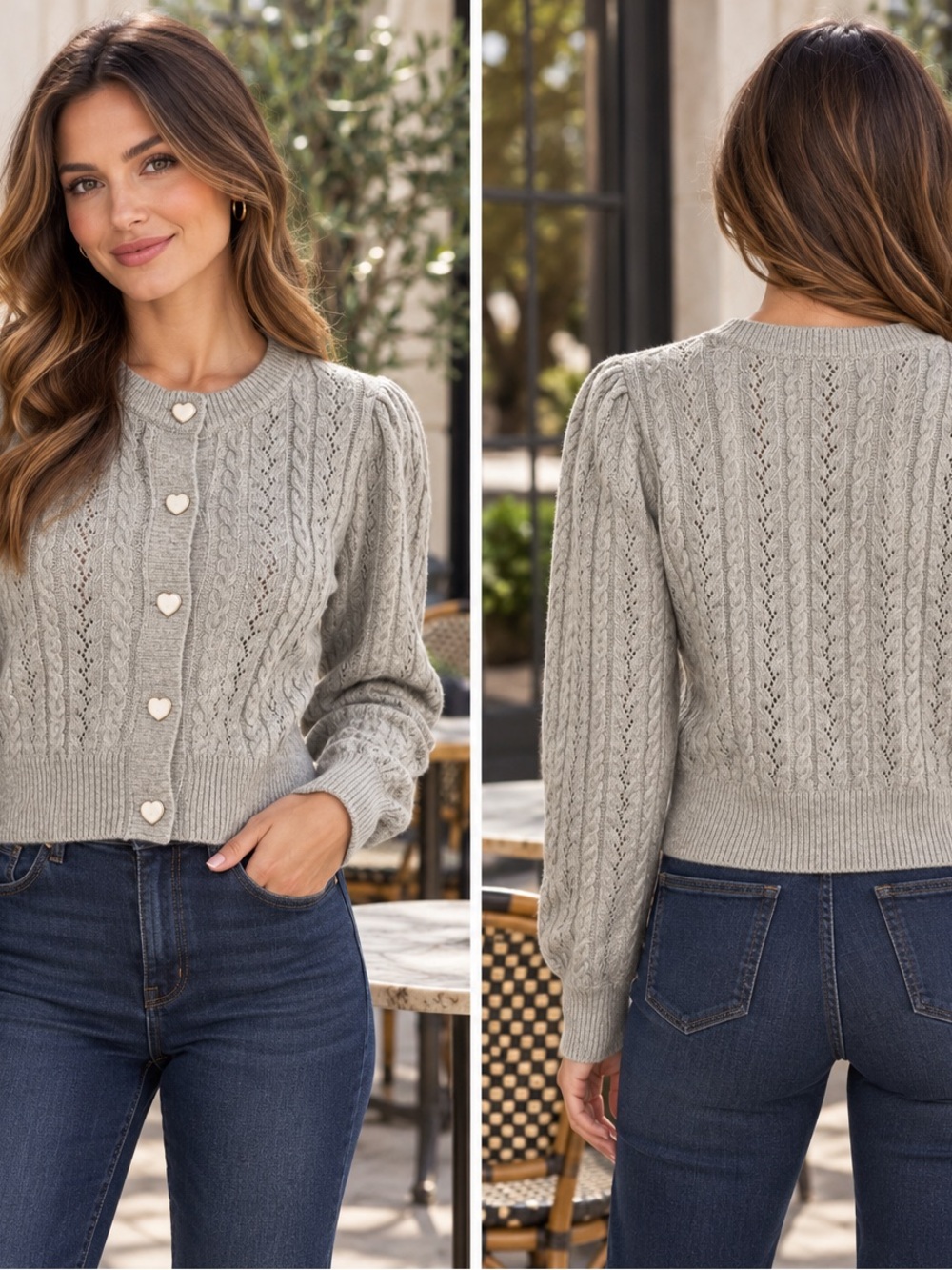 Women's CECE Cable Knit Heart Button Cardigan Sweater - Gray